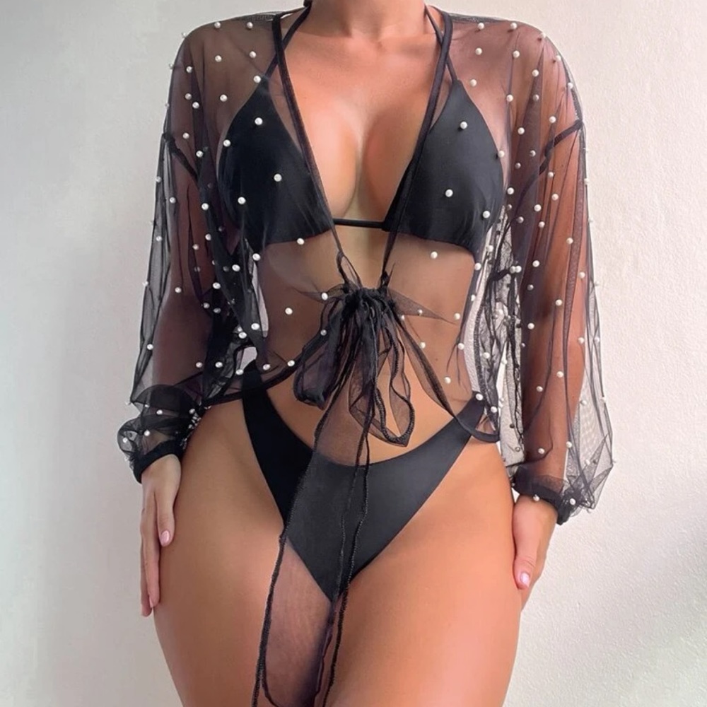 Tie Front Pearl Beaded Sheer Mesh Kimono